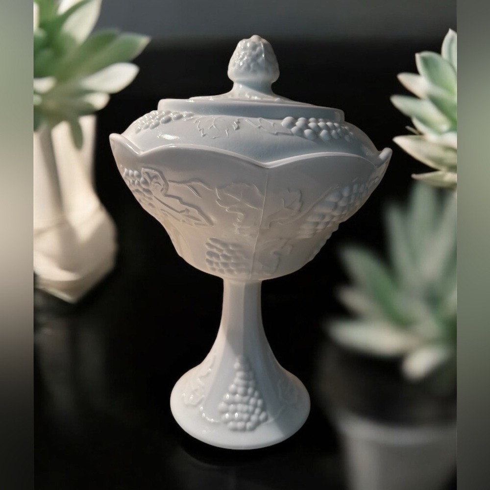 Indiana Glass Harvest Grape Pedestal Milk Glass Compote